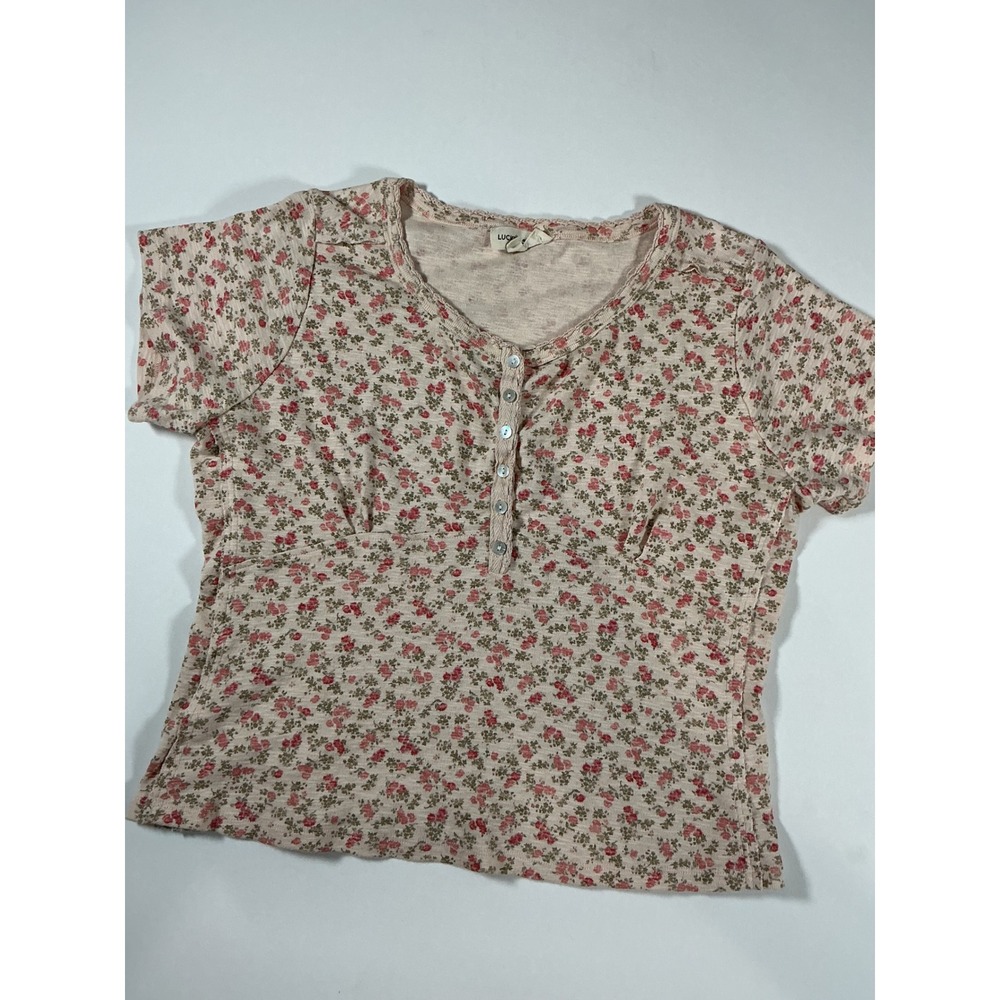 Lucky Brand Floral Short Sleeve Henley Top Beige Pink Size XL